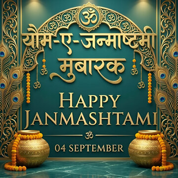 Krishna Janmashtami Celebration Greeting Template with Peacock Feather Decoration