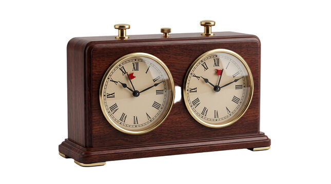 Vintage Wooden Chess Clock with Roman Numerals and Brass Accents PNG Isolated on transparent background