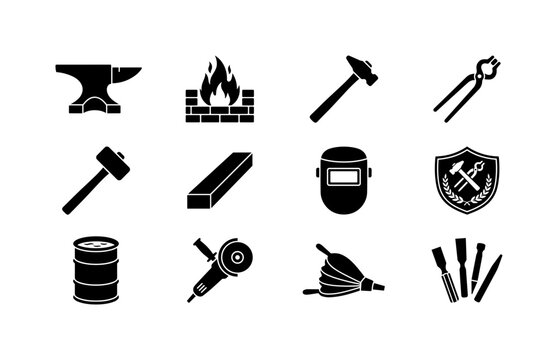 Blacksmith Workshop Tools, solid glyph icon set featuring hammer, tongs, anvil, forge flame, sledgehammer, metal bar, welding mask and workshop badge, covering blacksmithing, metalwork, foundry,