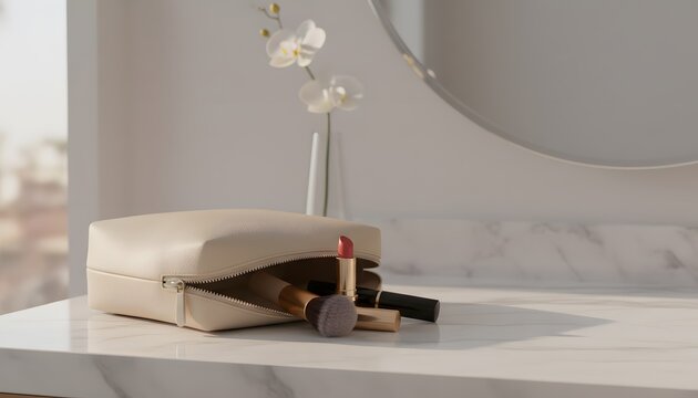Open makeup bag on vanity table with luxury cosmetic brush and lipstick on elegant marble countertop for morning self care routine and female beauty concept