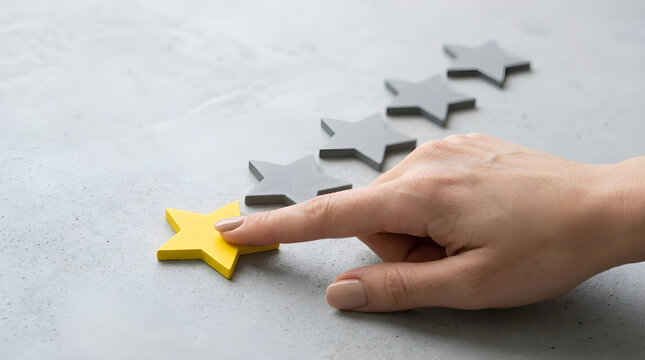 Rating star hand finger pressing yellow piece on concrete background for client feedback service evaluation quality