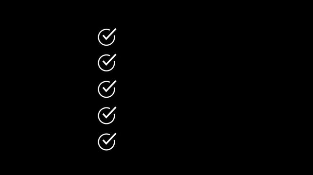 Minimalist animated checklist with glowing white checkmark appearing on a clean black background, for business presentations, task management software, interfaces, and productivity apps