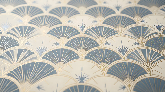 Art deco pattern with fan scallop motif in blue and gold, luxury decorative background