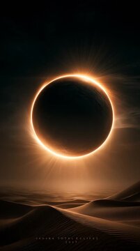 Retro travel poster featuring Saharan sand dunes beneath the blazing solar corona of the 2027 total eclipse, with dramatic dark skies, golden rays and bold vintage vector styling.