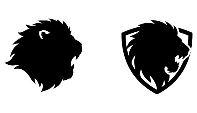 Roaring Lion Head Silhouette Logo Set Featuring Wild Cat Profile and Heraldic Shield Badges for Sports Teams and Corporate Branding Vectors
