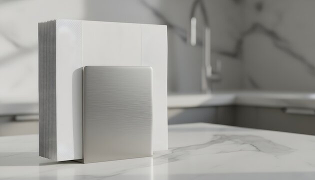White paper napkins in metal holder standing on luxury marble countertop in bright modern kitchen interior for dining hygiene and clean home organization concept