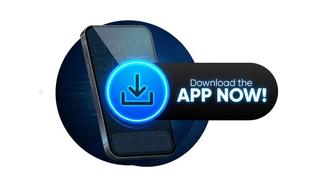 Smartphone download button icon showing glowing blue interface elements for mobile application marketing and promotion usage