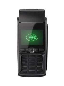 Black handheld contactless payment terminal, isolated on transparent background, portable electronic card reader with keypad screen and green wireless payment symbol. Web design and Branding.
