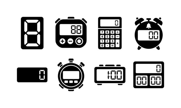 Digital Number Displays, solid glyph icon set featuring seven-segment digit tile, timer screen, calculator display, alarm clock, countdown panel, stopwatch screen and digital counter without readable