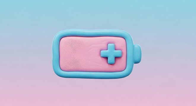 Colorful stylized battery icon with fingerprint sensor and plus sign symbol for modern technology design