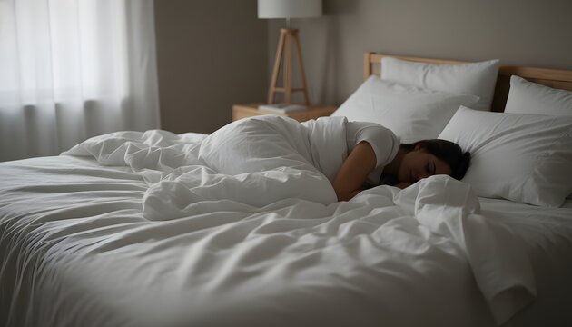 Tired young person lying in fetal position in bed under soft white duvet and pillows for peaceful morning sleep, rest, and mental wellness concept in cozy home bedroom