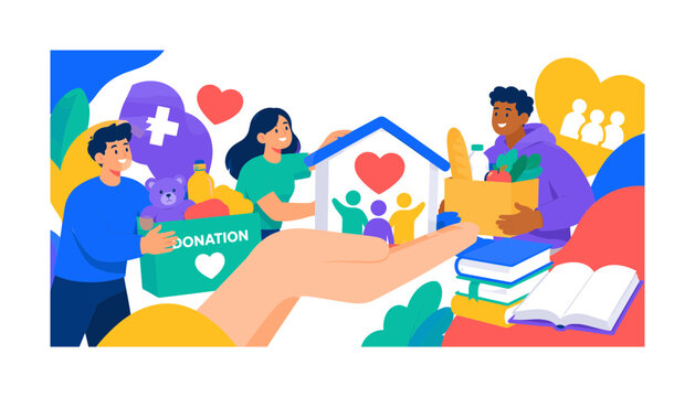 Social Welfare Support, bright colorful flat vector banner with 3 expressive characters coordinating around an oversized helping hand and community shelter, supporting donation box, healthcare cross,