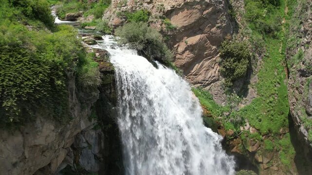 Aerial view of Trchkan Waterfall and Green Mountain Gorge in Lori, Armenia