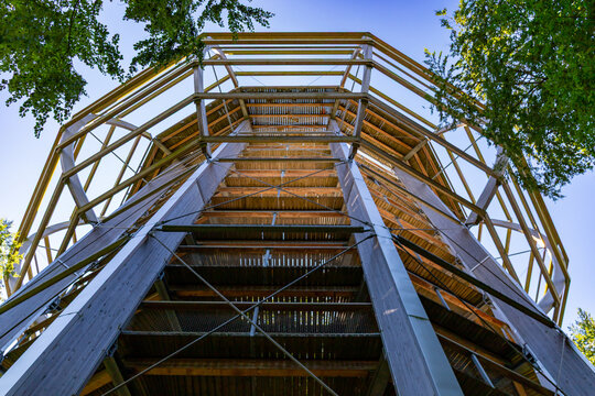 Binz, Ruegen, Mecklenburg-Western Pomerania, Germany-July 23, 2026: Treetop observation tower seen from below
