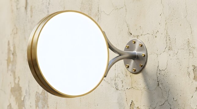 Round empty signage mockup featuring golden metal frame attached to a textured rustic beige wall