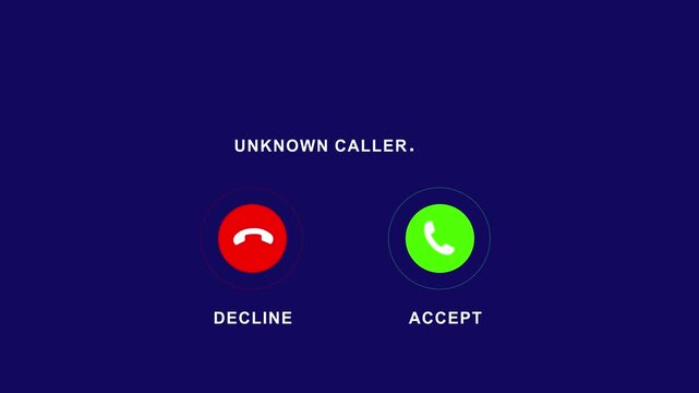 Digital smartphone incoming call interface screen featuring an unknown caller id notification with interactive red decline and green accept buttons for mobile communication technology and user