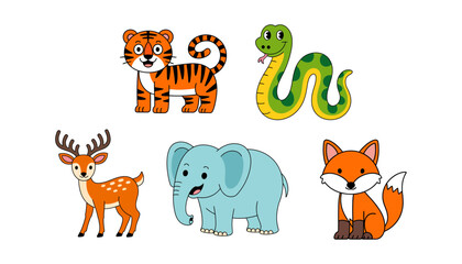 Fototapeta premium Cartoon animal illustration collection featuring tiger, snake, deer, elephant, fox, colorful playful wildlife characters