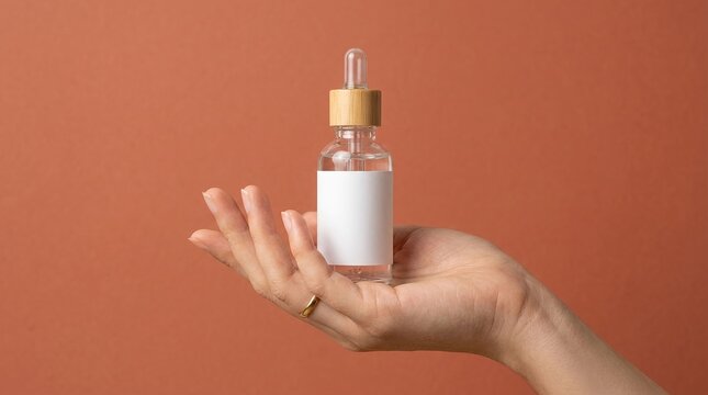 Serum bottle held in female hand showing blank white label for organic beauty product branding