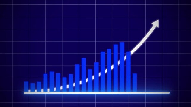 Dynamic financial growth bar chart animation with rising arrow trend line on a digital blue grid background, representing business success, market expansion, economic recovery, and positive data