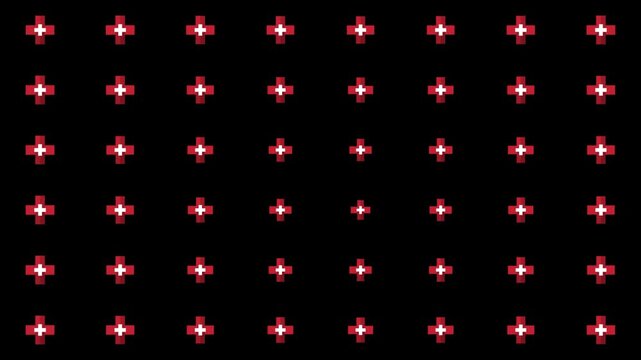 Abstract red and white crosses on black background grid dynamic animation motion graphics background.