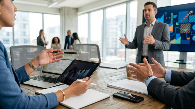 Business Meeting: Diverse Team Discussing Data Analytics on Digital Screens
