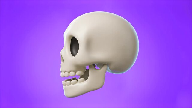 A clean 3D human skull model viewed from the side profile against a vibrant purple backdrop. Ideal for Halloween designs, anatomical concepts, gaming assets, and dark aesthetic video edits.
