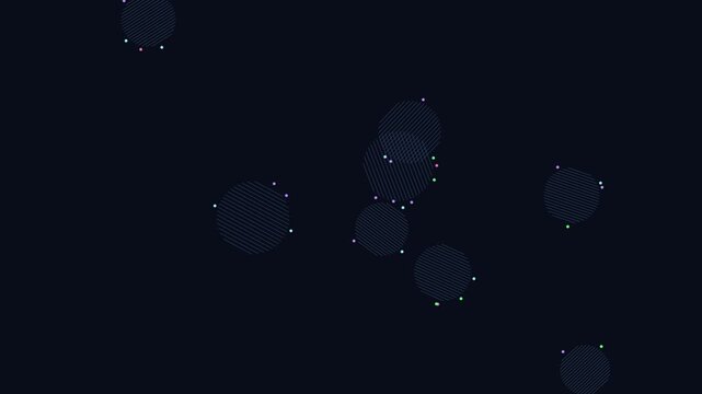 Minimalist digital motion graphics of floating geometric striped circles with glowing neon particles on dark background for tech presentation and video editing.