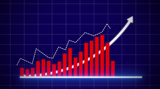 Dynamic financial growth bar chart animation featuring rising red statistical columns and ascending white trend lines on a dark blue grid background, for corporate data, analysis and business