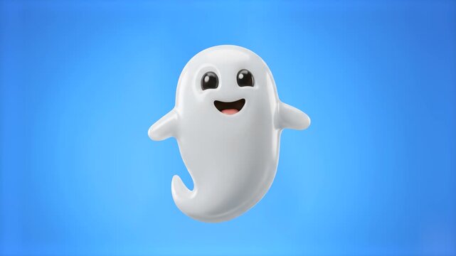A friendly 3D animated white ghost character floating happily with outstretched arms against a soft gradient blue sky backdrop. Perfect for Halloween promotions, children's seasonal media, and cheerfu