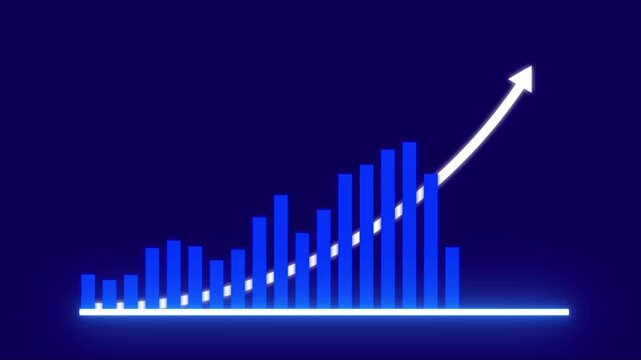 Dynamic financial growth bar chart animation with rising arrow trend line, representing business success, market expansion, economic recovery, and positive statistical data analysis on dark background