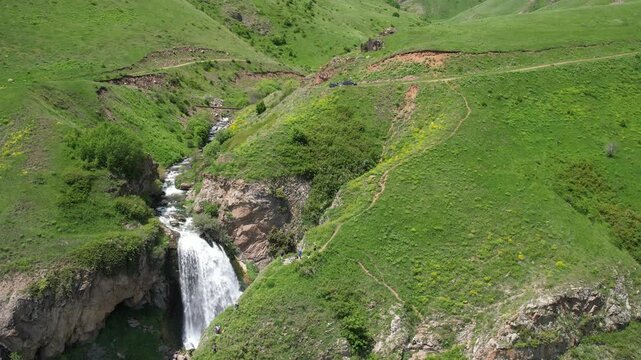 Aerial view of Trchkan Waterfall and Green Mountain Gorge in Lori, Armenia