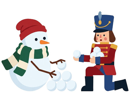 Snowman and Nutcracker Playing with Snowballs