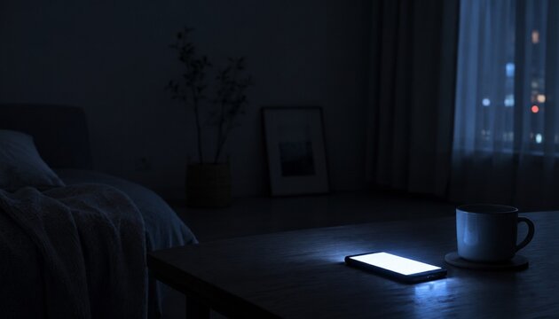 Smartphone glowing beside coffee cup in dark bedroom at night