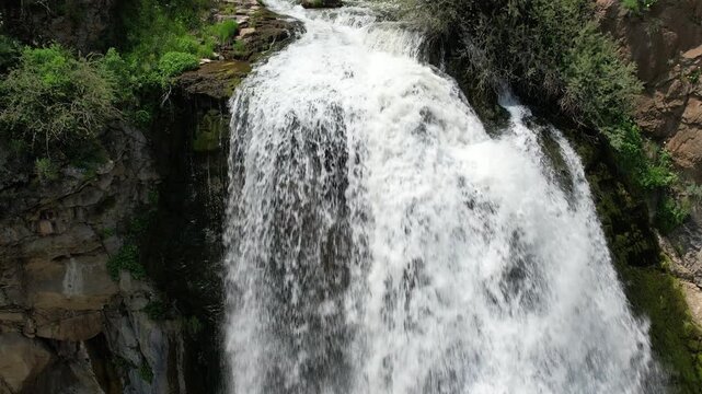 Aerial close-up of whitewater falling down the Trchkan waterfall in Armenia