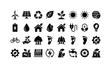 Fototapeta premium Eco Energy Symbols, solid glyph icon set featuring wind turbine, solar panel, recycling arrows, leaf, plant, sun, earth, battery, water drop, eco house, covering sustainability, renewable energy,