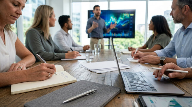 Business Meeting: Diverse Team Discussing Growth Charts on Screen