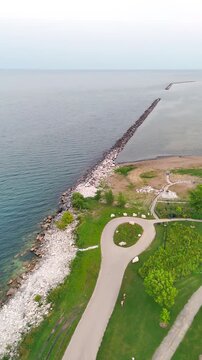 Wide drone landscape view of Racine waterfront and urban