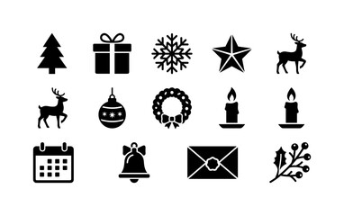 Fototapeta premium Abstract Holiday Greetings, solid glyph icon set featuring Christmas tree, gift, snowflake, star, reindeer silhouette, ornament, wreath, candle, calendar, party bell, greeting envelope, and winter