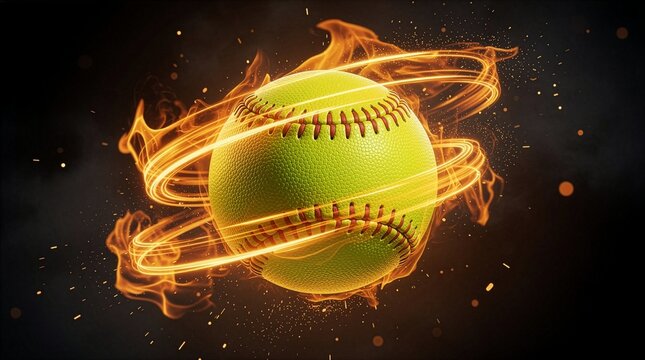 A vibrant yellow softball surrounded by glowing neon fire trails and cinematic orange flames, set against a dark smoky background to represent dynamic energy and intense speed.