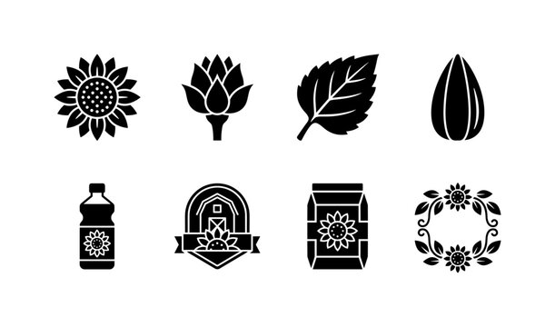 Sunflower Botanical Set, solid glyph icon set featuring sunflower, bud, leaf, seed, oil bottle, farm badge, packaging label and floral frame, covering sunflowers, botanical art, food oil, farms and