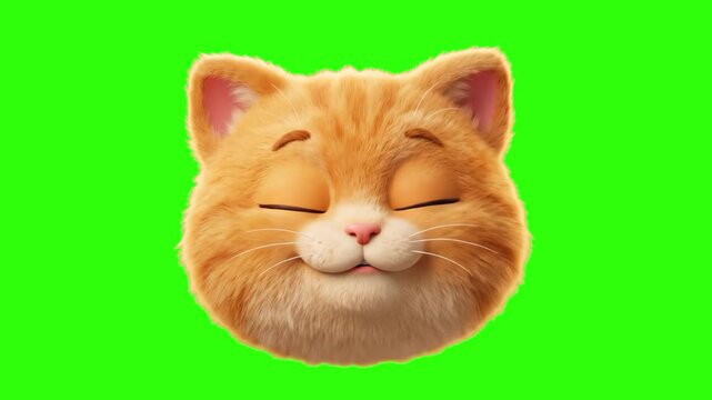 Detailed 3D fluffy ginger cat head closing eyes happily and blowing air kisses isolated on a solid black background. Perfect for romantic pet videos, cute cat promos, Valentine's Day content, pet food