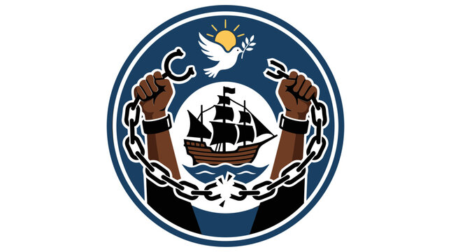 Broken chains with ship and dove illustration symbolic graphic on white background