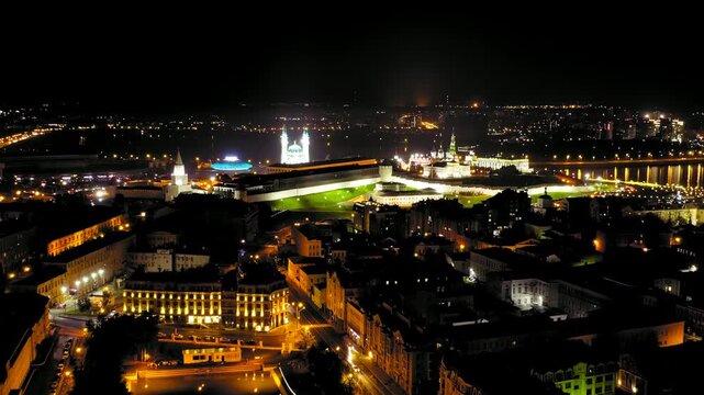Kazan, Russia. Drone footage of the Kazan Kremlin. Night time. Drone footage