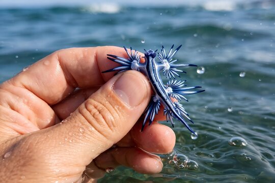 Close up of a person carefully holding a rare and venomous glaucus atlanticus, also known as the blue dragon sea slug, on a tropical beach hand with ocean background