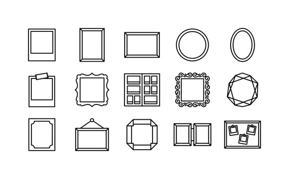 Blank Photo Frame Layouts, line icon set featuring square instant frame, portrait frame, landscape frame, circular frame, oval frame, taped snapshot, scrapbook frame, album page, vintage border,