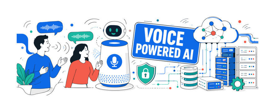 AI Voice Computing, clean editorial banner scene with 2 geometric users speaking to an oversized voice assistant connected to server racks and cloud computing system, supporting microphone, security