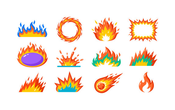 Comic Fire Frames, bright flat vector icon set featuring flame border, fire ring, burning burst, hot frame, inferno oval, flame splash, game fire effect, warning blaze, energy fireball, red heat