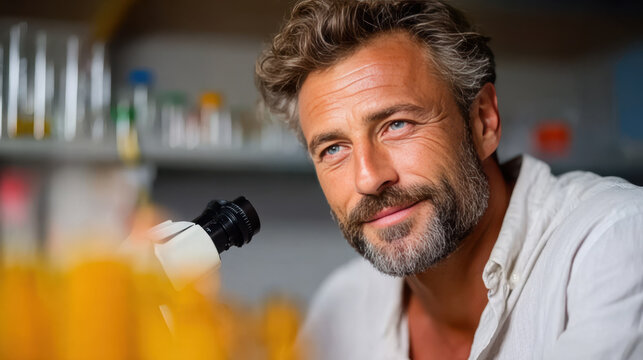 Smiling chemistry professor with microscope in laboratory close-up for education banner and research website background
