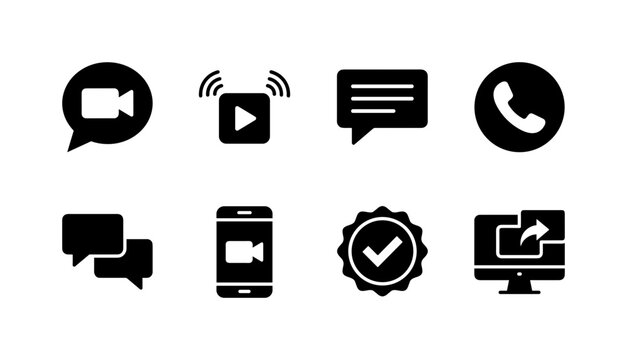 Video Chat Messages, solid glyph icon set featuring video bubble, live stream icon, chat message, call button, discussion panel, mobile screen and communication badge without faces, covering video