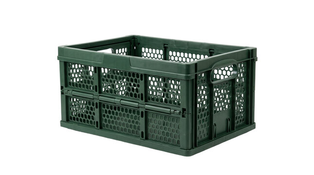 Collapsible Green Plastic Storage Crate with Handles for Organization and Transport PNG Isolated on transparent background